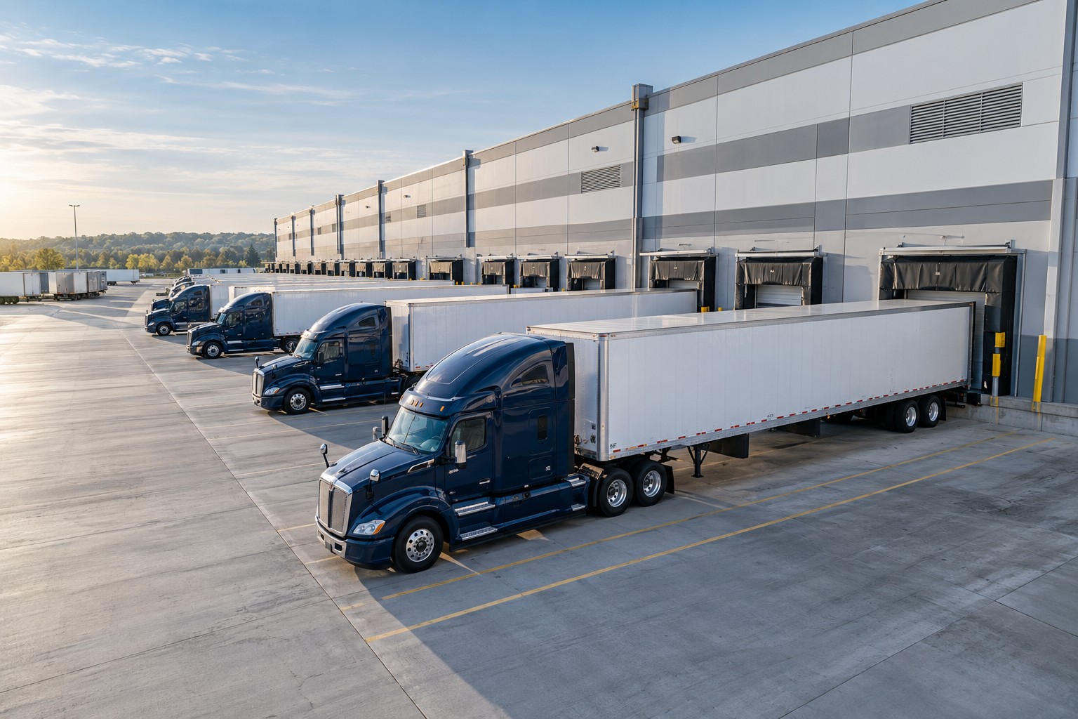 An illustrative distribution center with trucks and trailers at loading docks