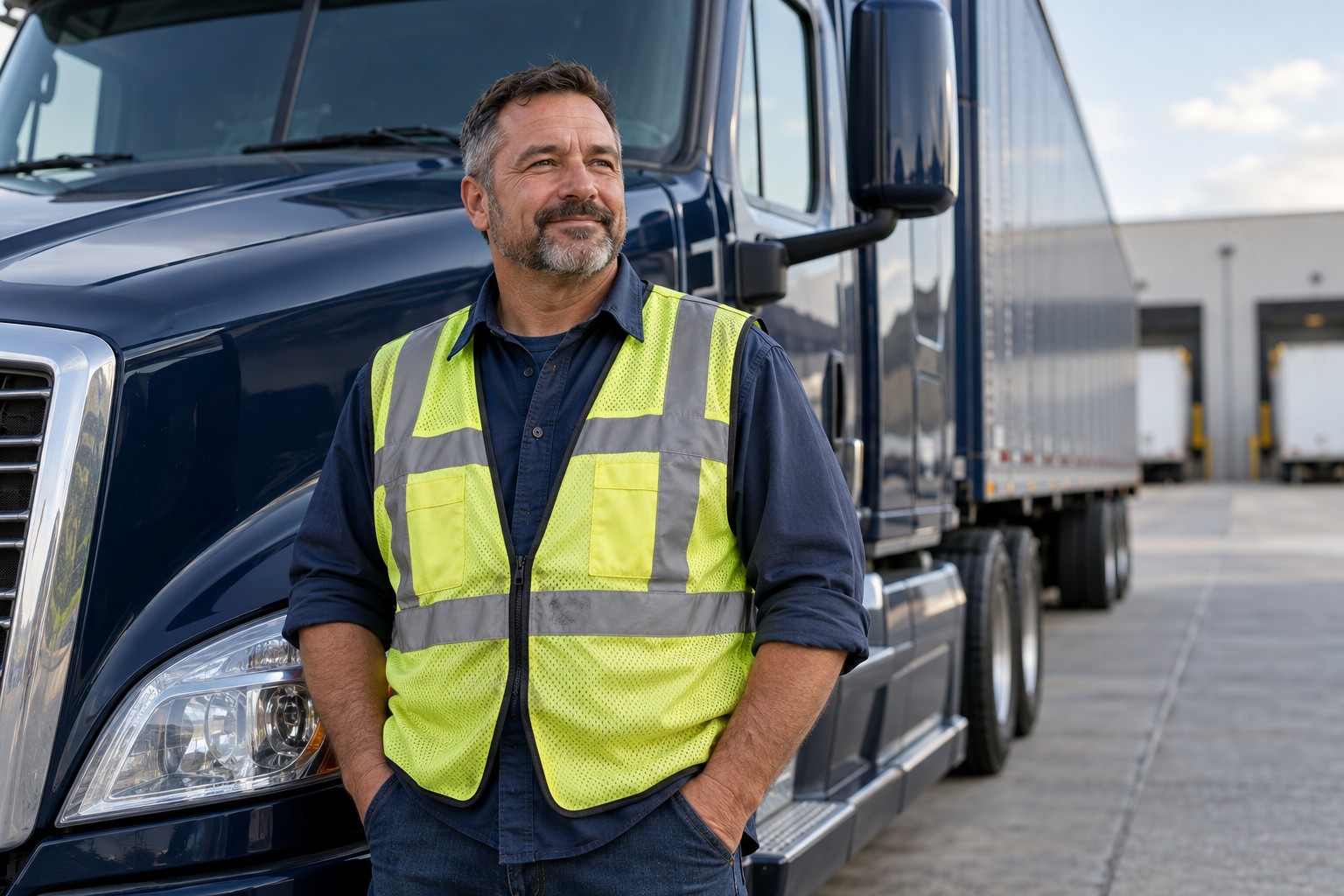 An illustrative experienced truck driver beside a parked semi truck