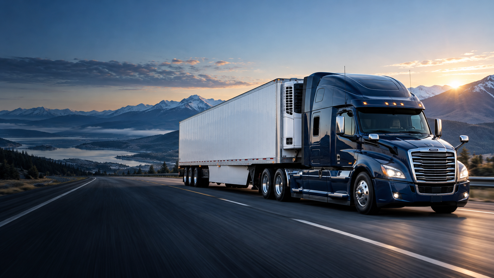 Illustrative navy tractor and white refrigerated trailer on an open mountain highway