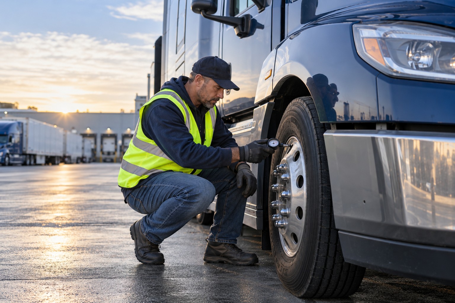 An illustrative driver checking a parked truck before departure